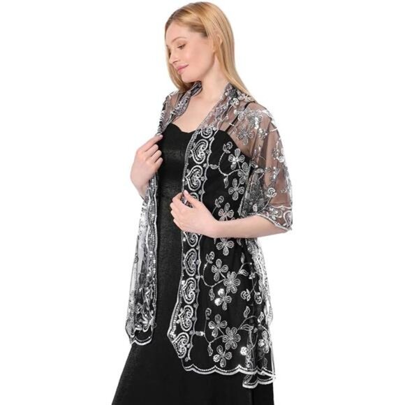 Women's Shawls Wraps Sparkling Sequin Silver Black